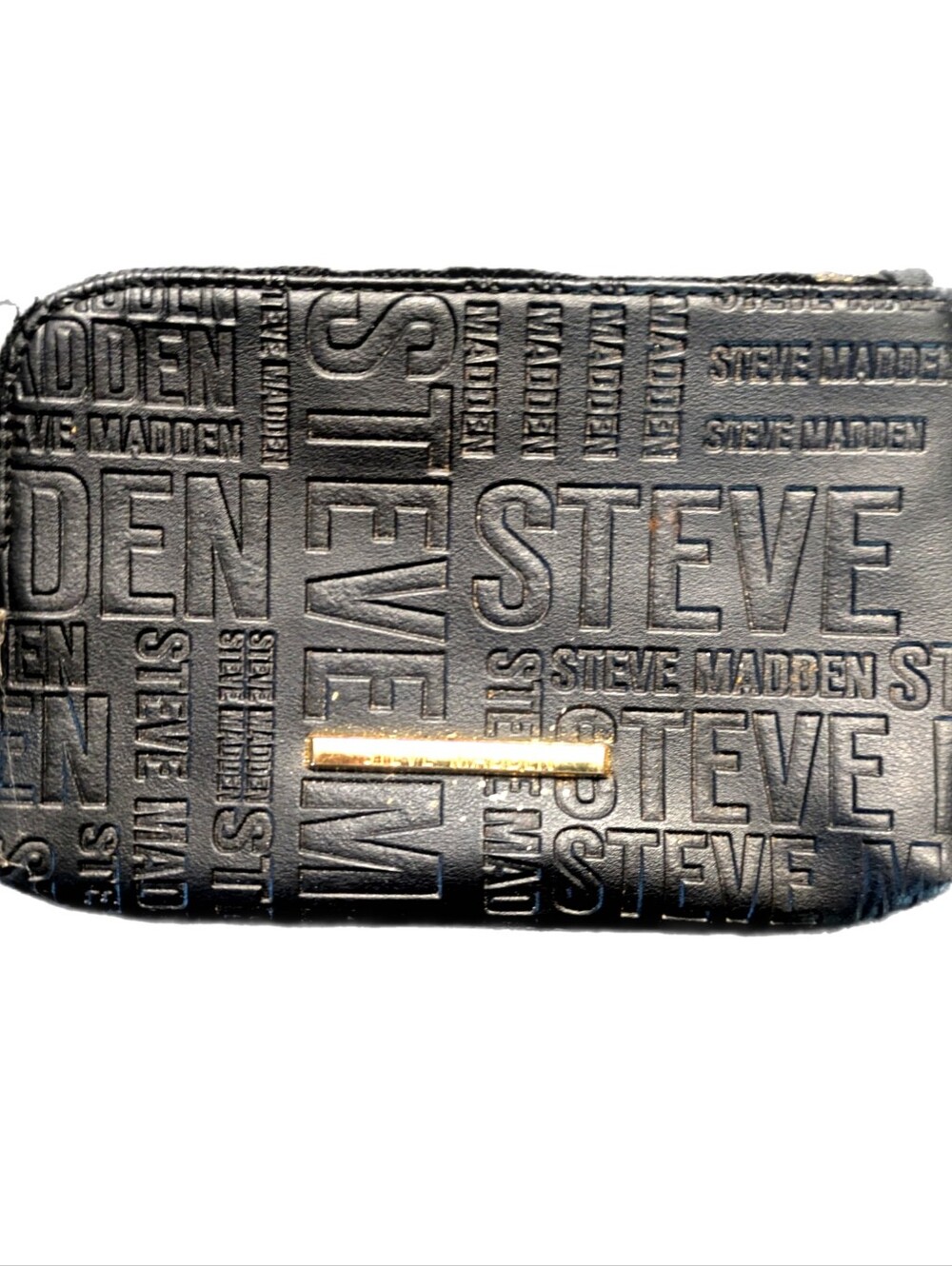 Steve Madden Black Embossed Logo Zip Wallet with Gold Accent